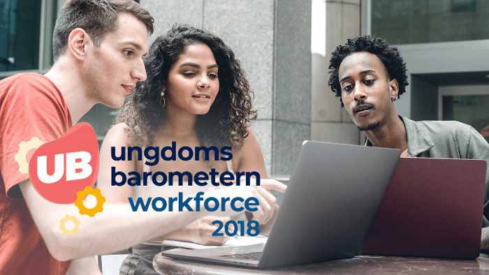 Rapportomslag Workforce 2018. Tre personer samarbetar framför en dator